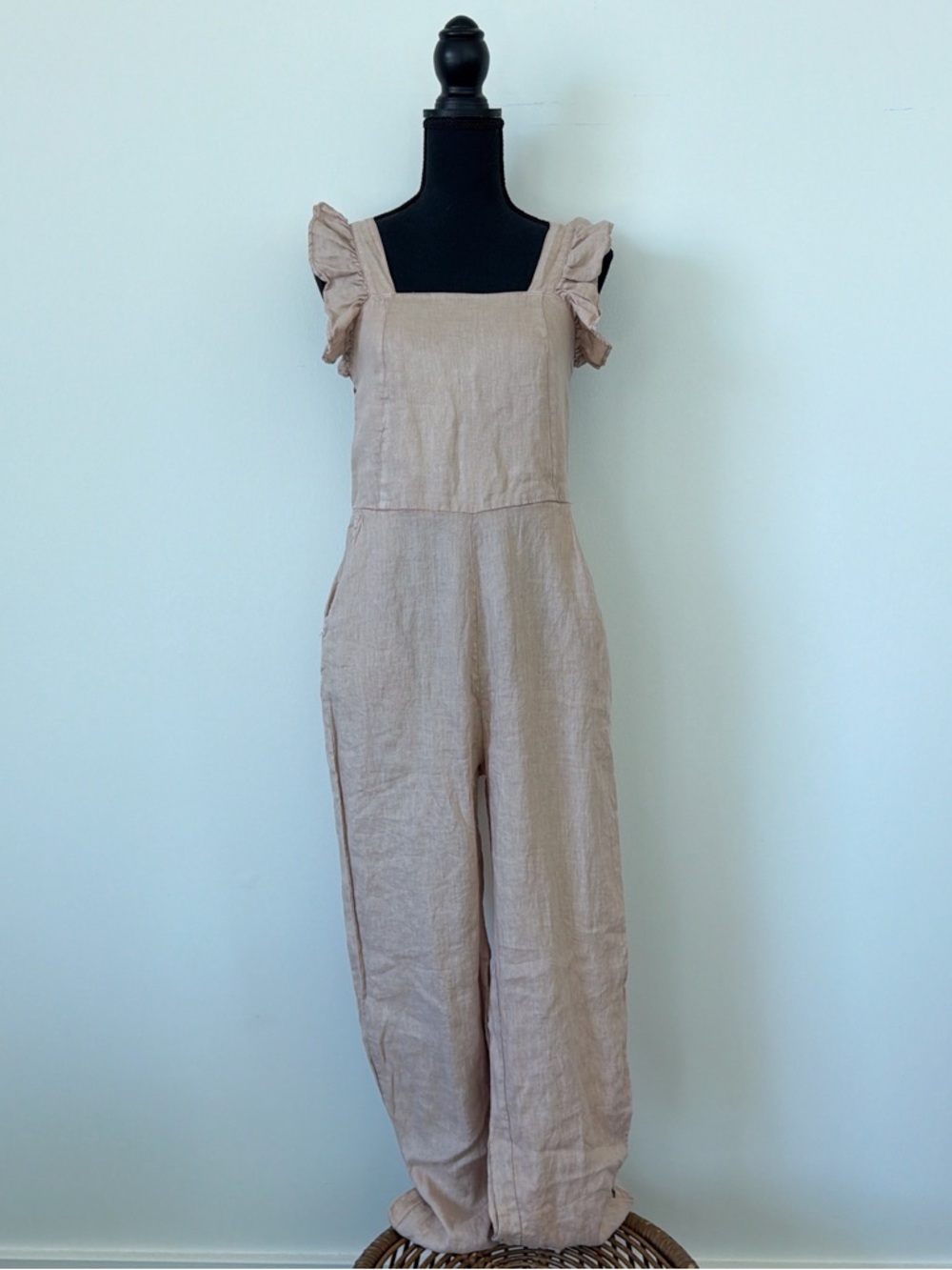 Blank NYC Neutral Ruffle-Shoulder Linen Jumpsuit